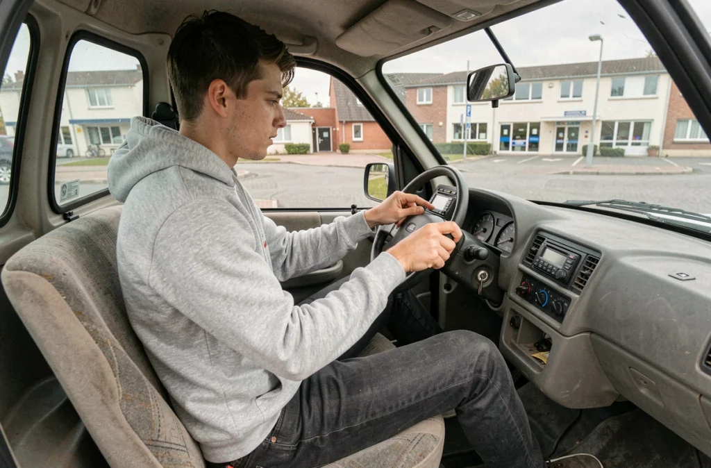 Jeune homme au volant d'une voiture sans permis d'occasion testant les commandes du tableau de bord