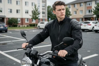Jeune motard debout à côté d'une moto 250cc en parking urbain, évaluant son budget assurance moto