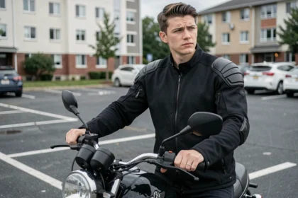 Jeune motard debout à côté d'une moto 250cc en parking urbain, évaluant son budget assurance moto
