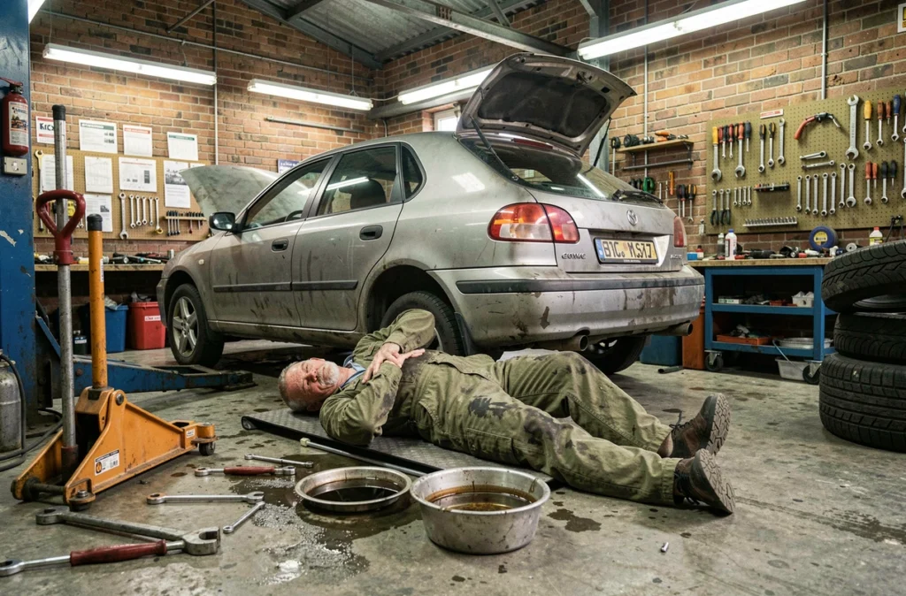 Mécanicien travaillant sous un véhicule dans un atelier automobile