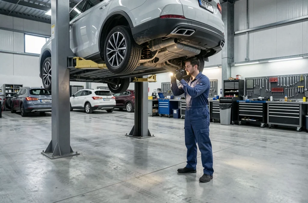 Technicien de Lift Auto inspectant le dessous d'un véhicule sur pont élévateur dans le Var