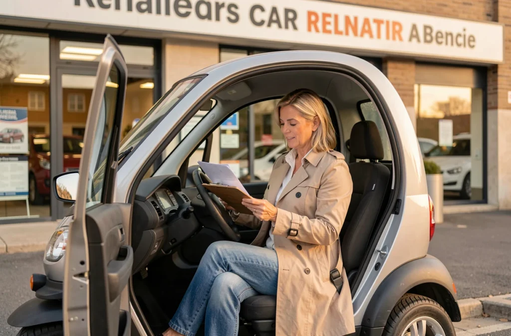 Femme examinant un contrat de location de voiture sans permis devant une agence à Valenciennes