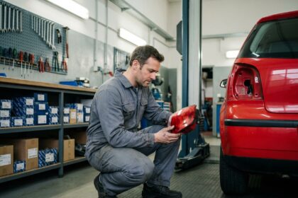 Mécanicien inspectant un feu arrière de Volkswagen Polo 4 dans un atelier automobile