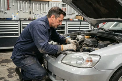Mécanicien inspectant le moteur d'une voiture dans un garage automobile professionnel lors d'une réparation couverte par l'assurance