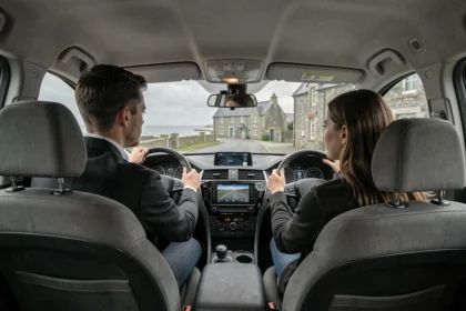 Moniteur d'auto-école et élève conductrice dans une voiture à double commande en Finistère