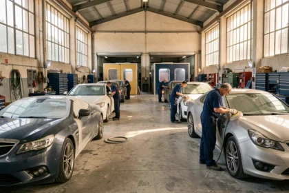 Vue d'ensemble d'un atelier de carrosserie automobile dans le Var avec des techniciens au travail