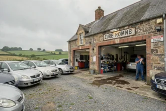 Vue panoramique d'un garage automobile typique de l'Eure avec mécaniciens et voitures en normandie