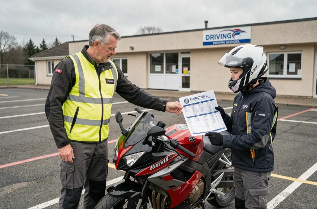 Moniteur d'auto-école moto expliquant le tarif d'assurance permis A2 à un jeune conducteur dans un centre de formation