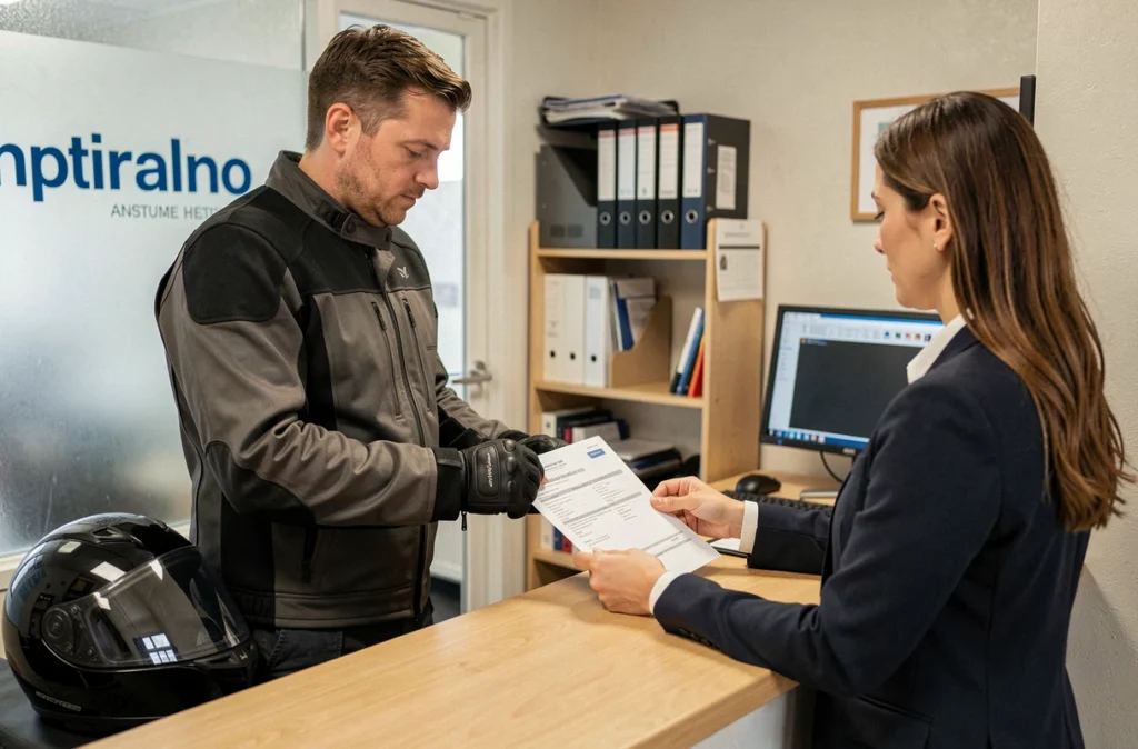 Motard en agence d'assurance signant un contrat d'assurance moto 250cc avec une conseillère