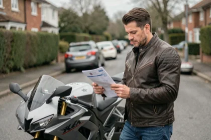 Motard tenant son attestation d'assurance moto devant sa moto garée dans une rue résidentielle