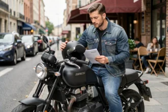 Motard consultant ses documents d'assurance moto assis sur sa moto noire en ville