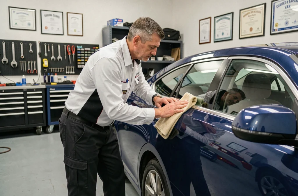 Technicien d'OM Automobiles lustrant la carrosserie d'un véhicule dans un atelier professionnel du Var