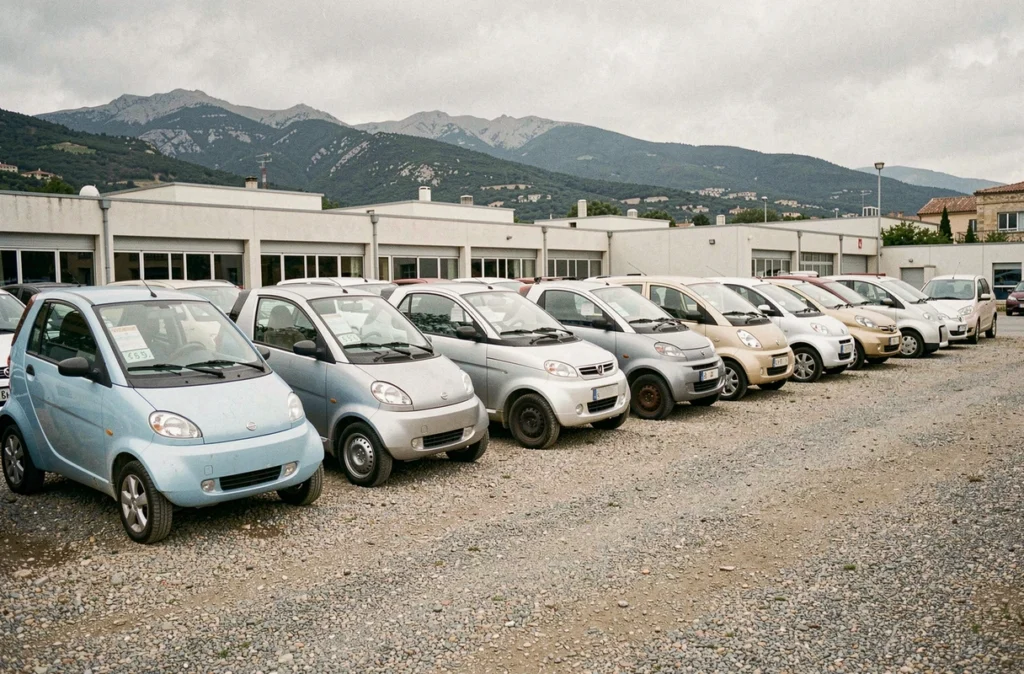Rangée de voitures sans permis d'occasion exposées dans un parc de vente aux abords de Carcassonne