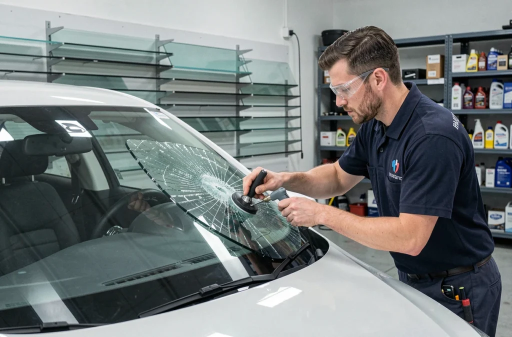Technicien de Pare Brise Carrosserie VCA remplaçant un pare-brise sur un véhicule dans le Var