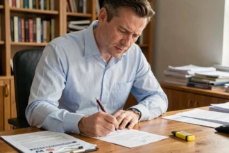 Homme rédigeant une lettre de résiliation d'assurance moto à son bureau avec un stylo et des documents