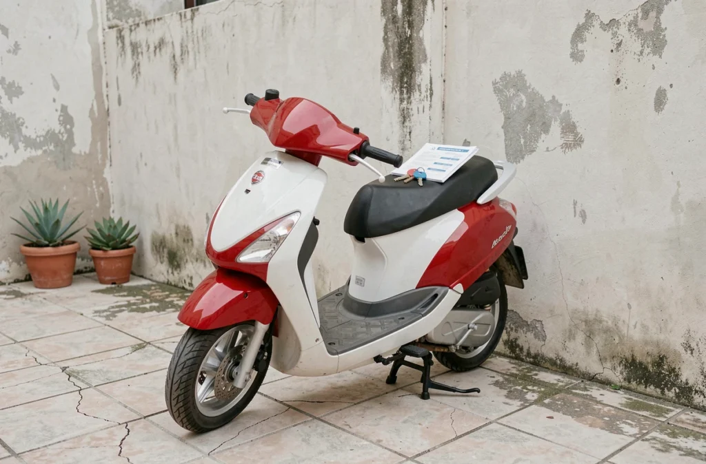 Scooter 50cc rouge garé avec un document d'assurance temporaire posé sur la selle dans une cour résidentielle