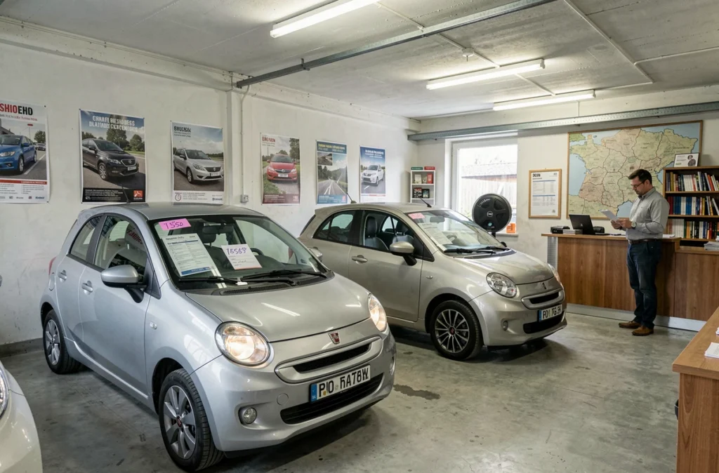 Showroom d'un concessionnaire de voitures sans permis d'occasion à Dijon avec véhicules exposés et vendeur