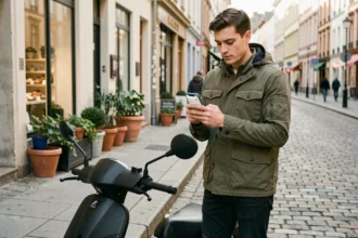 Jeune homme souscrivant une assurance scooter 50cc en ligne via son smartphone dans une rue urbaine pavée