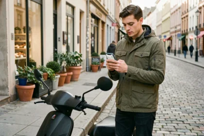 Jeune homme souscrivant une assurance scooter 50cc en ligne via son smartphone dans une rue urbaine pavée