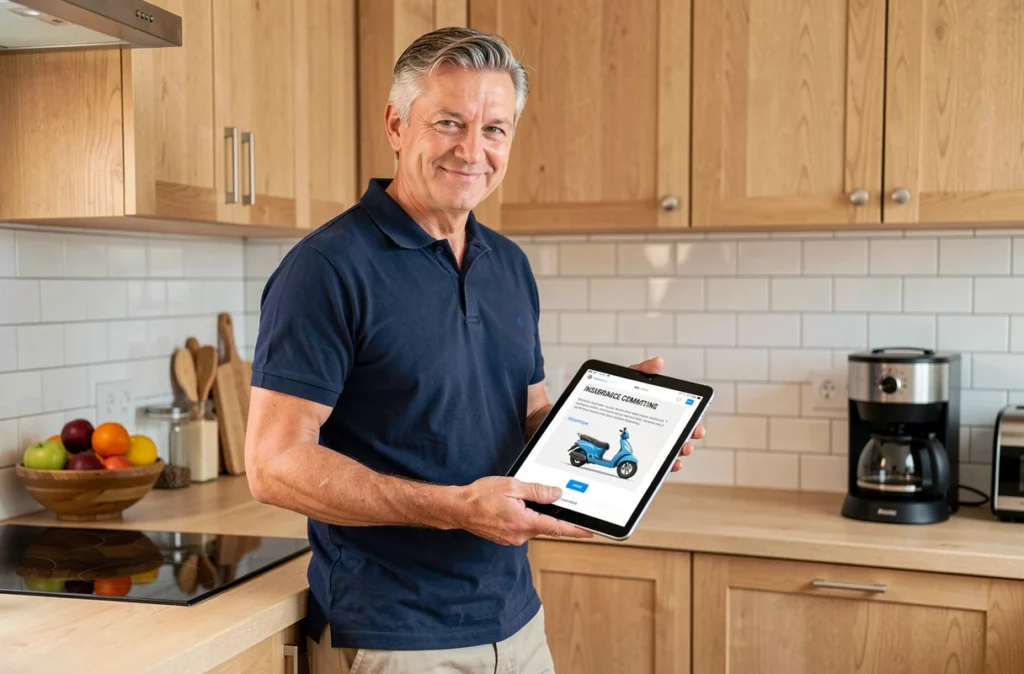 Homme d'âge mûr finalisant la souscription d'une assurance scooter 50 temporaire sur une tablette dans sa cuisine