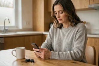 Femme souscrivant une assurance voiture en ligne depuis son smartphone à la maison