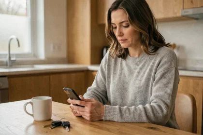 Femme souscrivant une assurance voiture en ligne depuis son smartphone à la maison