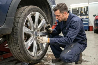 Technicien automobile inspectant une jante alu endommagée dans un garage professionnel