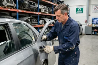 Technicien en combinaison de travail démontant une portière de voiture dans un centre de recyclage automobile agréé