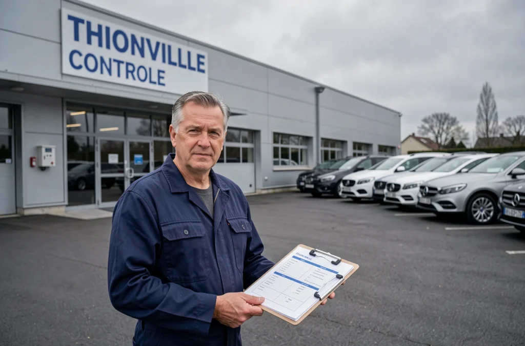Contrôleur technique de Thionville Controle debout devant le centre avec un presse-papiers à la main