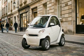 Voiture sans permis garée dans le centre-ville de Besançon près d'une façade en pierre calcaire