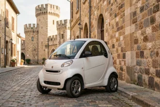 Voiture sans permis électrique blanche garée dans les rues pavées de la cité médiévale de Carcassonne