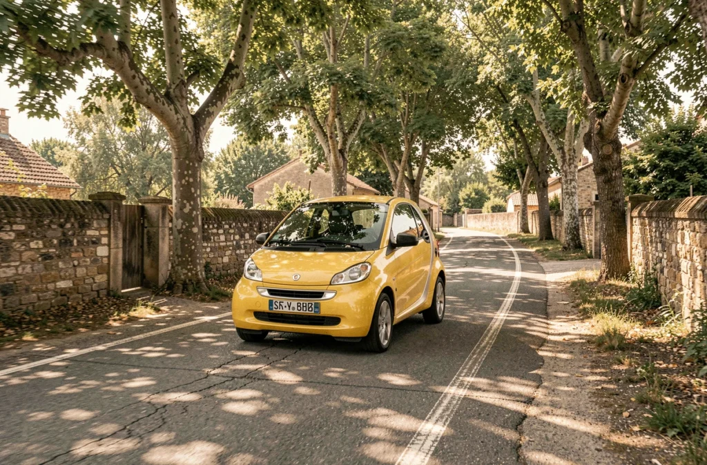 Voiture sans permis roulant sur une route de village en France