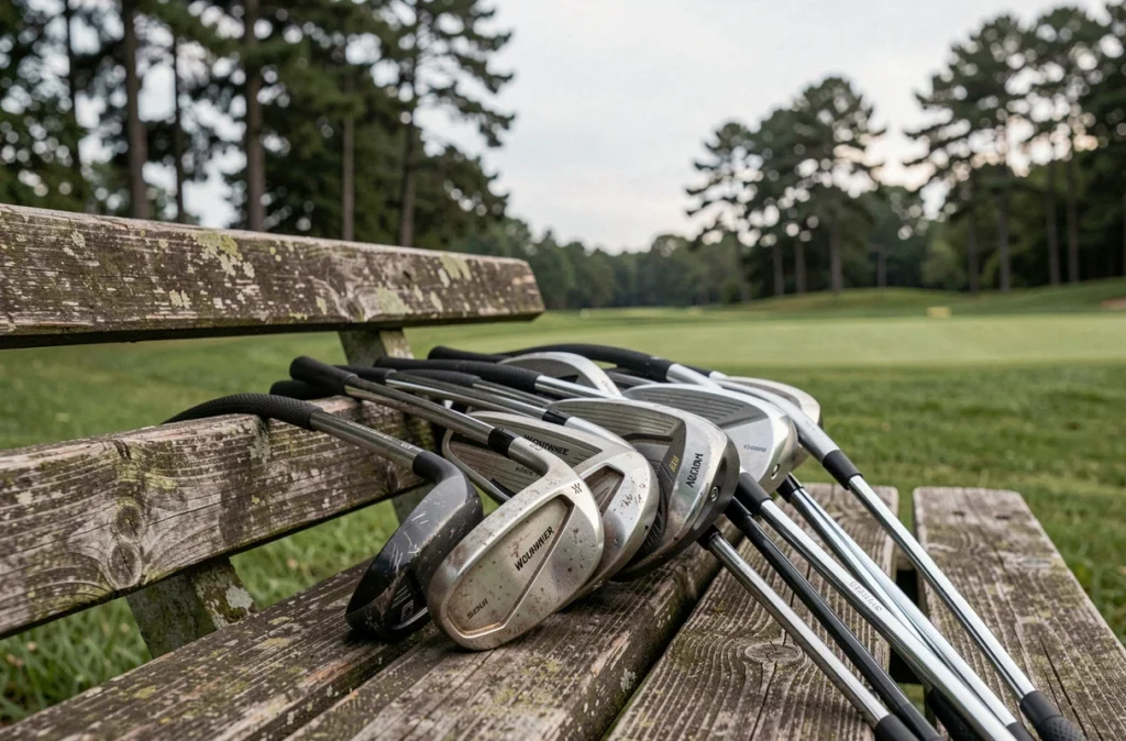 Série de clubs de golf Wolverine usagés posés sur un banc en bois, prêts à être évalués pour la revente