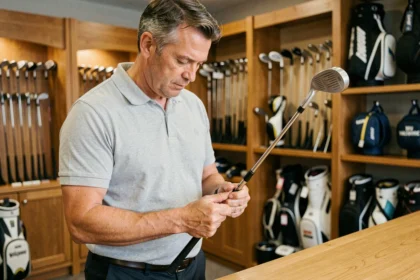 Homme examinant une club de golf Wolverine d'occasion dans un pro shop, évaluant l'usure avant revente